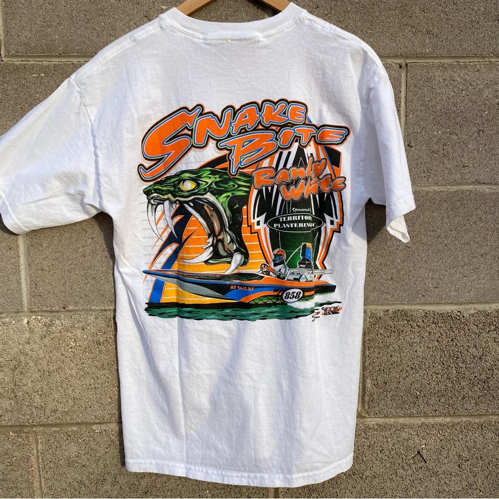 Vintage Y2K Snake Boating Graphic Shirt Colorful Snake Bite Randy White Medium